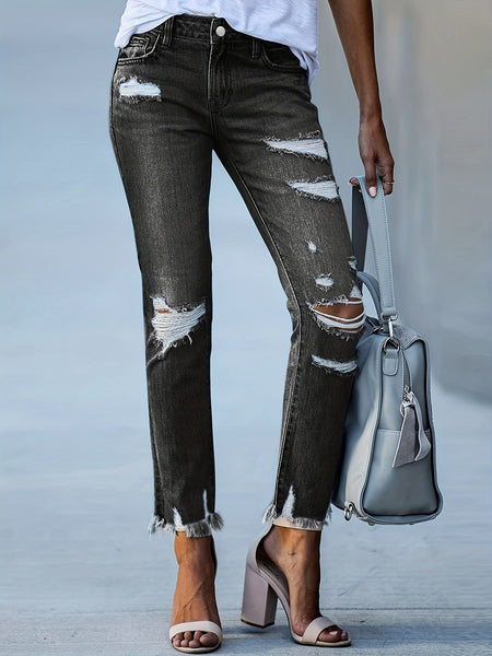 High Waist Ripped Raw Hem Skinny Casual Denim Jeans