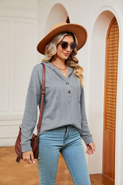 Hooded drawstring buttoned long-sleeved loose sweatshirt jacket