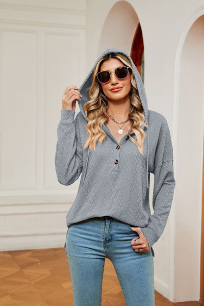 Hooded drawstring buttoned long-sleeved loose sweatshirt jacket