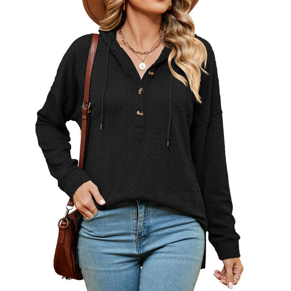 Hooded drawstring buttoned long-sleeved loose sweatshirt jacket