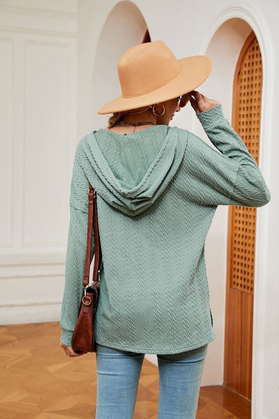 Hooded drawstring buttoned long-sleeved loose sweatshirt jacket