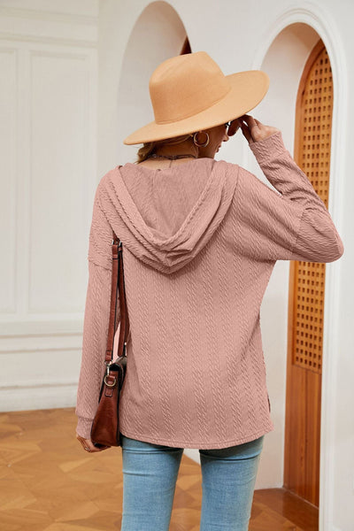 Hooded drawstring buttoned long-sleeved loose sweatshirt jacket