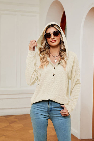 Hooded drawstring buttoned long-sleeved loose sweatshirt jacket