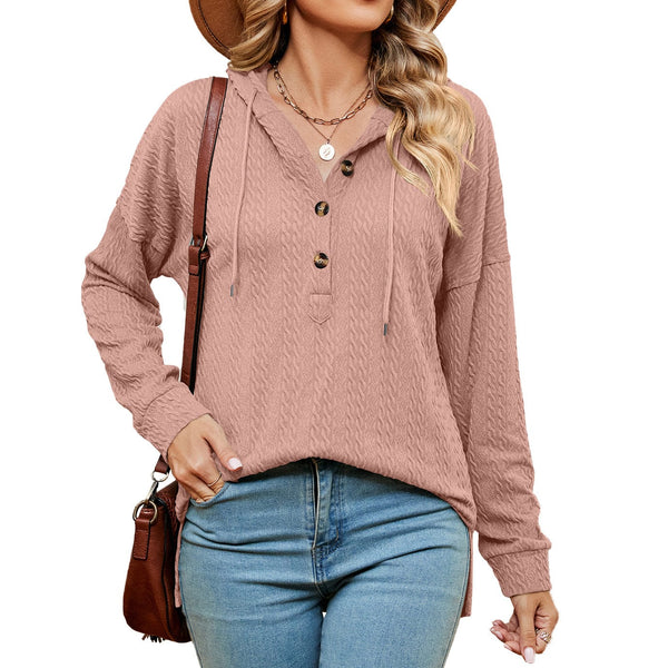 Hooded drawstring buttoned long-sleeved loose sweatshirt jacket