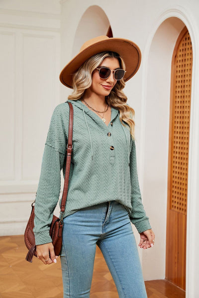 Hooded drawstring buttoned long-sleeved loose sweatshirt jacket
