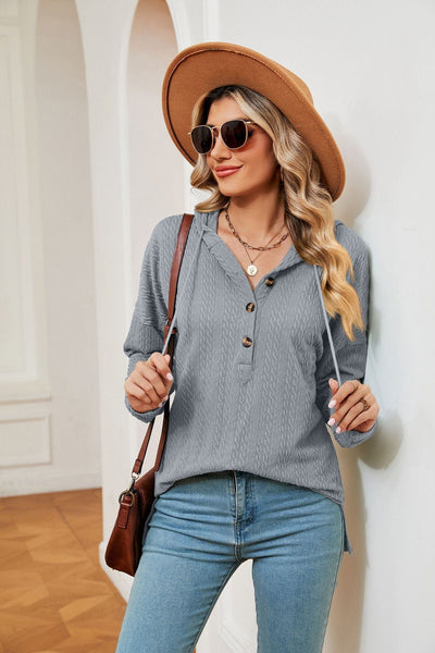 Hooded drawstring buttoned long-sleeved loose sweatshirt jacket