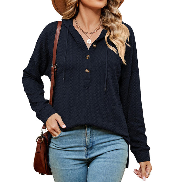 Hooded drawstring buttoned long-sleeved loose sweatshirt jacket