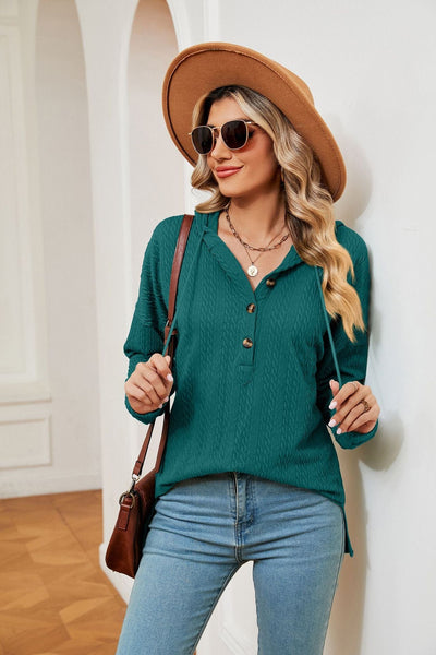 Hooded drawstring buttoned long-sleeved loose sweatshirt jacket