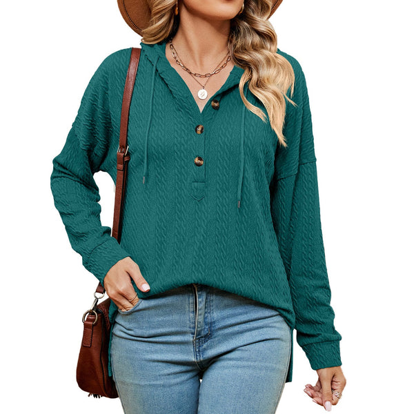 Hooded drawstring buttoned long-sleeved loose sweatshirt jacket