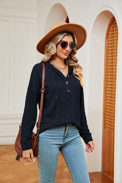 Hooded drawstring buttoned long-sleeved loose sweatshirt jacket