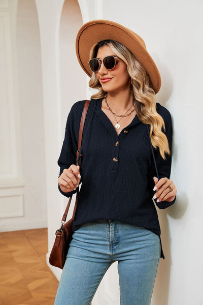 Hooded drawstring buttoned long-sleeved loose sweatshirt jacket