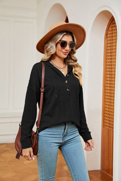 Hooded drawstring buttoned long-sleeved loose sweatshirt jacket