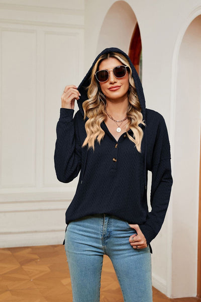 Hooded drawstring buttoned long-sleeved loose sweatshirt jacket