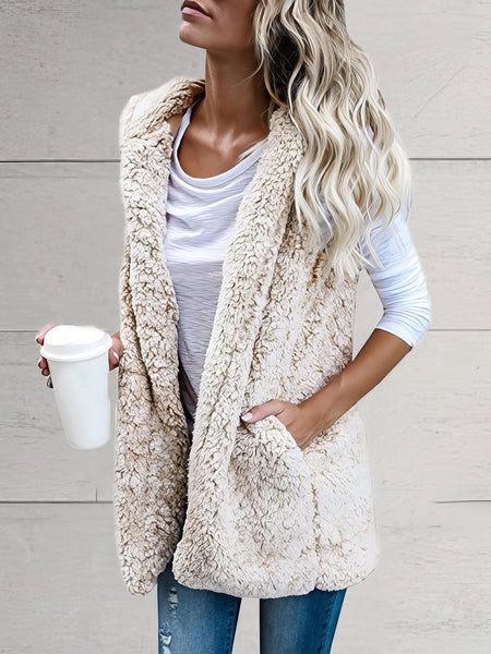 women's warm sherpa sleeveless hoodie vest made for easy styling and wardrobe coordination, with premium-like structure and finish. with practical