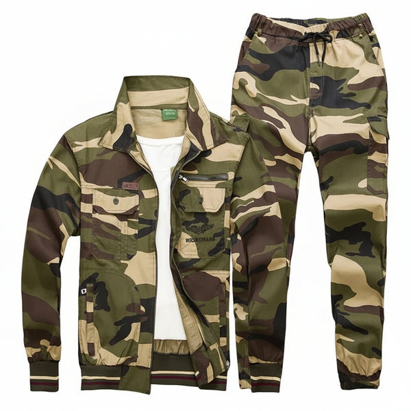 A camouflage two-piece clothing set consisting of a zip-up jacket and matching jogger pants, laid flat on a gray textured background.