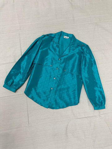 Vintage 80s Shiny Teal Button Up Shirt | Size Medium