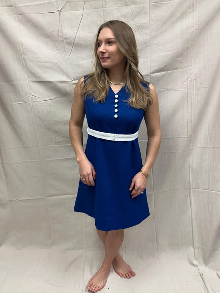 Vintage 1960s Blue Mod Mini Dress with White Trim | Size 6