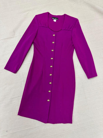 Vintage 80s Magenta Gold Button Up Bodycon Long Sleeve Dress | Size Large
