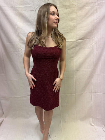 Vintage 90s Sparkly Strechy Burgundy Red Spaghetti Strap Dress | Size Large