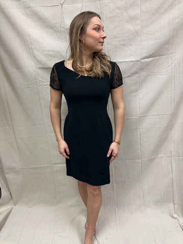 Vintage 90s David Warren NY Little Black Dress with Black Beaded Cap Sleeve Detail | Ladies Size 6