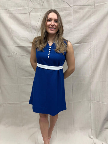 Vintage 1960s Blue Mod Mini Dress with White Trim | Size 6