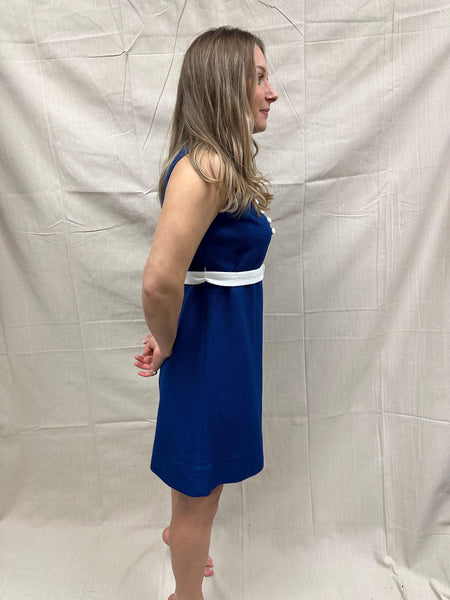 Vintage 1960s Blue Mod Mini Dress with White Trim | Size 6