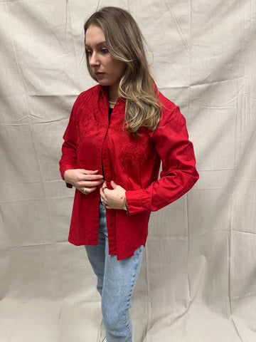 Vintage 80s Red Embroidered Flower Button Up | Size Large