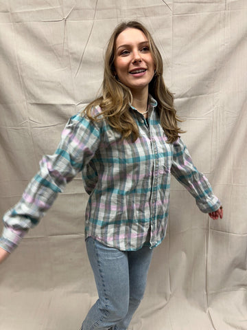 Vintage 80s Pastel Cotton Plaid Button Up | Size Large