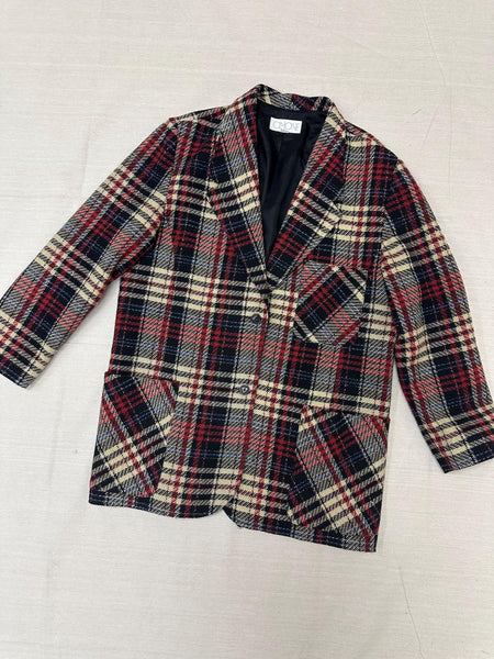 Vintage 90s Red Cream Plaid Blazer | Size Ladies Large