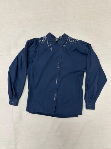 Vintage 80s Mark Allen Western Navy Embroidered Beaded Triple Button Up | Size Ladies Medium