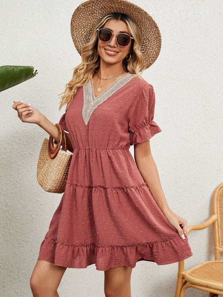 Jacquard fur ball V-neck loose solid color elastic waist dress