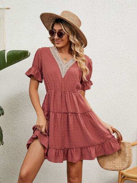 Jacquard fur ball V-neck loose solid color elastic waist dress