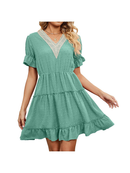Jacquard fur ball V-neck loose solid color elastic waist dress