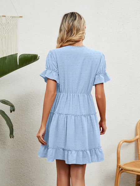 Jacquard fur ball V-neck loose solid color elastic waist dress
