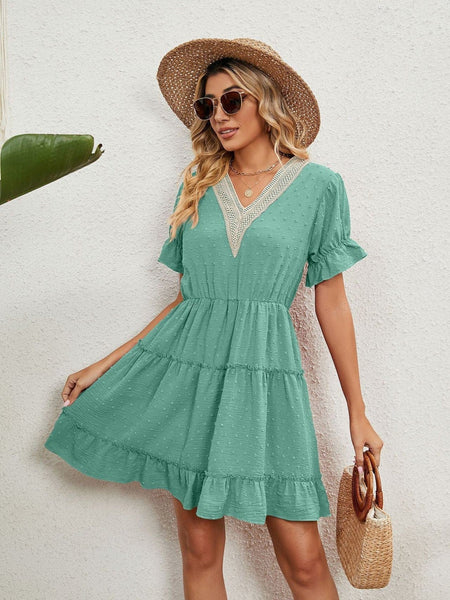 Jacquard fur ball V-neck loose solid color elastic waist dress
