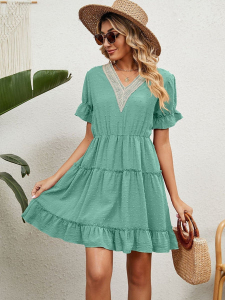 Jacquard fur ball V-neck loose solid color elastic waist dress