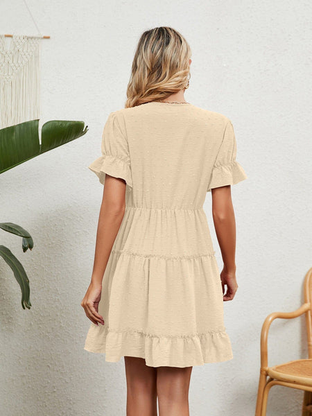 Jacquard fur ball V-neck loose solid color elastic waist dress