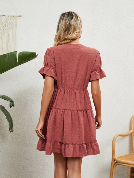 Jacquard fur ball V-neck loose solid color elastic waist dress