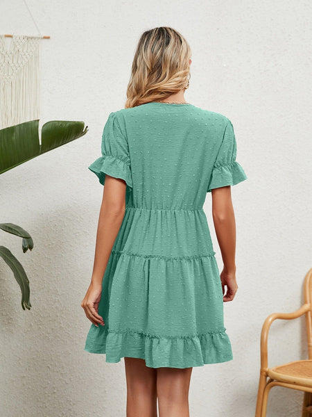 Jacquard fur ball V-neck loose solid color elastic waist dress