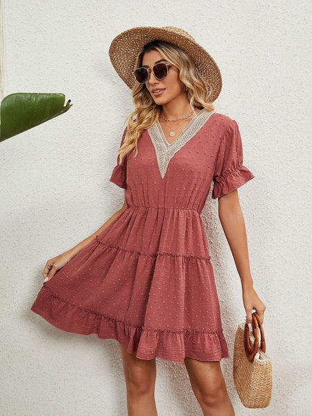 Jacquard fur ball V-neck loose solid color elastic waist dress