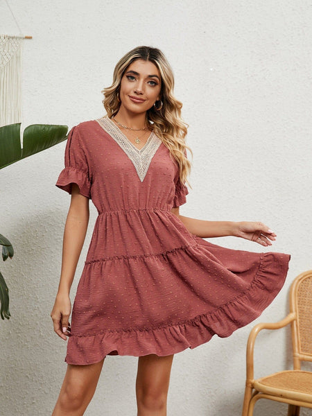 Jacquard fur ball V-neck loose solid color elastic waist dress