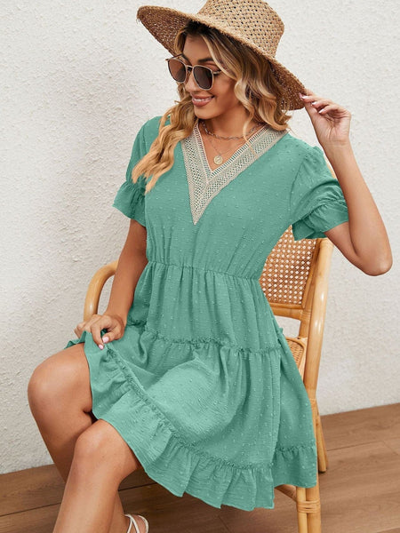 Jacquard fur ball V-neck loose solid color elastic waist dress