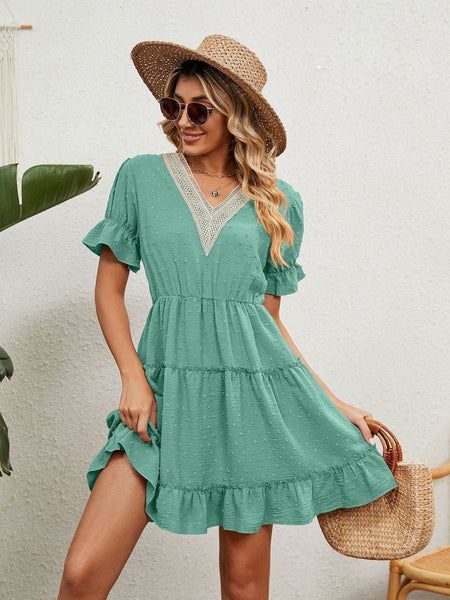 Jacquard fur ball V-neck loose solid color elastic waist dress