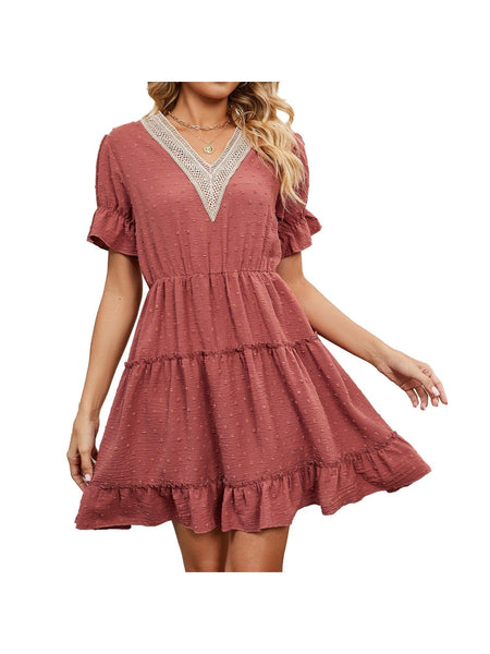 Jacquard fur ball V-neck loose solid color elastic waist dress