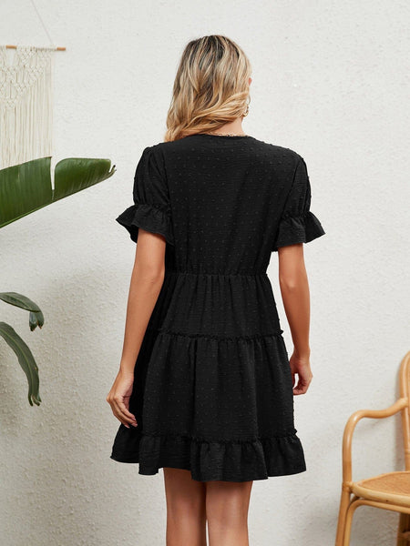 Jacquard fur ball V-neck loose solid color elastic waist dress