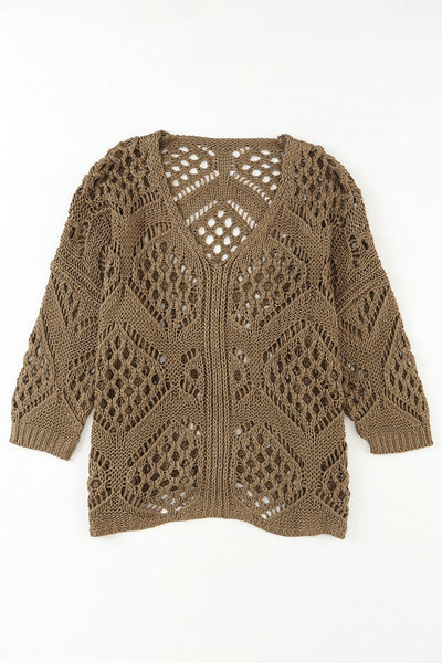Women's Khaki Pointelle Knit V-Neck Dolman Sleeve Sweater