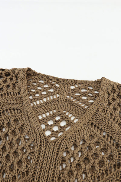 Women's Khaki Pointelle Knit V-Neck Dolman Sleeve Sweater