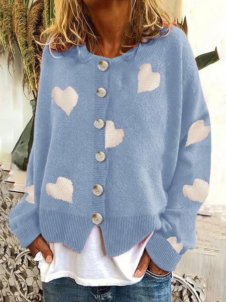 Women's Knit Single-Breasted Heart Cardigan Sweater -Bishop - Barcelet - Closed - Scoop - Jewel