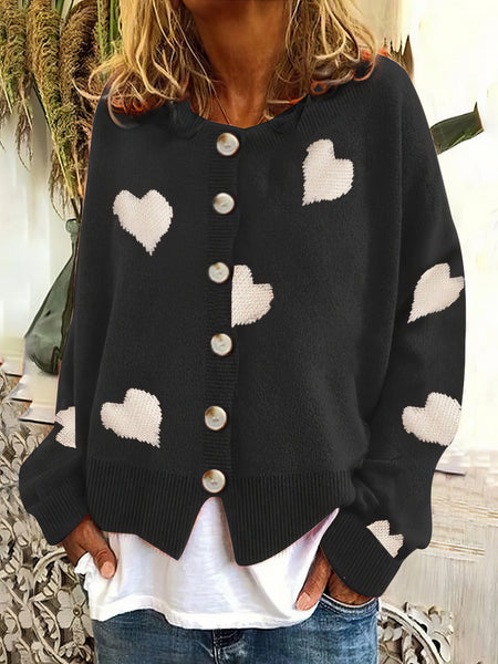 Women's Knit Single-Breasted Heart Cardigan Sweater -Bishop - Barcelet - Closed - Scoop - Jewel
