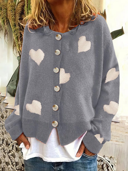 Women's Knit Single-Breasted Heart Cardigan Sweater -Bishop - Barcelet - Closed - Scoop - Jewel